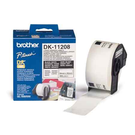 Brother DK-11208 Original Label Tape (38mm x 90mm) Black on White x 400