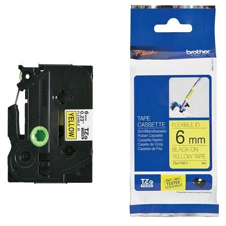 Product image for Brother TZe-FX611 Original P-Touch Label Tape ( 6mm x 8m) Black On Yellow - Small
