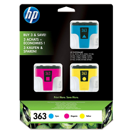 Product image for HP 363 Cyan Magenta Yellow Original 3 PackInkjet Cartridge (CB333EE) - Small