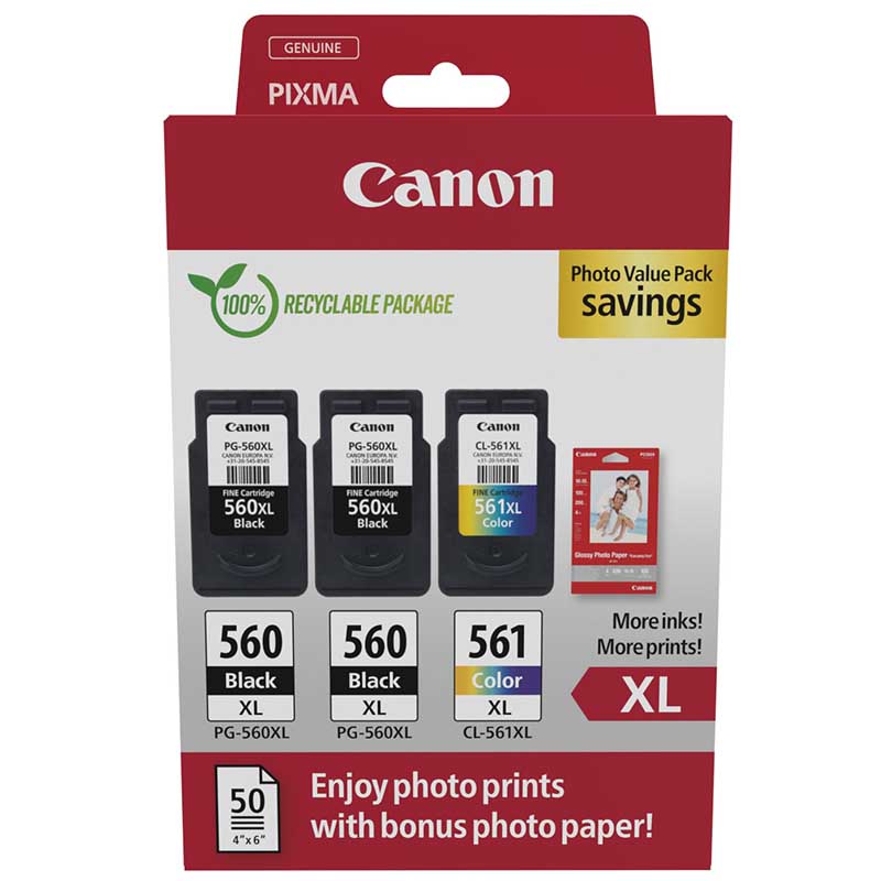 Product image for Canon PG-560XL x 2/CL-561XL Original Multipack Ink Cartridges & Photo Paper (3712C012) - Small