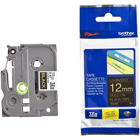 Product image for Brother TZe-334 Original P-Touch Label Tape (12mm x 8m) Gold On Black - Small