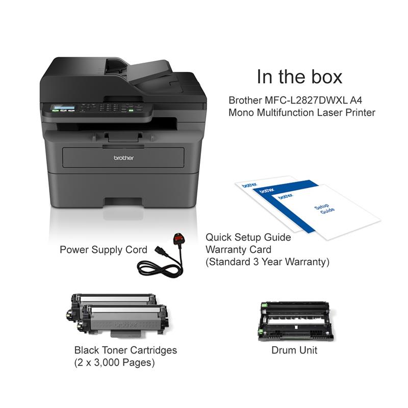 Product image for Brother MFC-L2827DWXL A4 Mono Multifunction Laser Printer - Gallery01