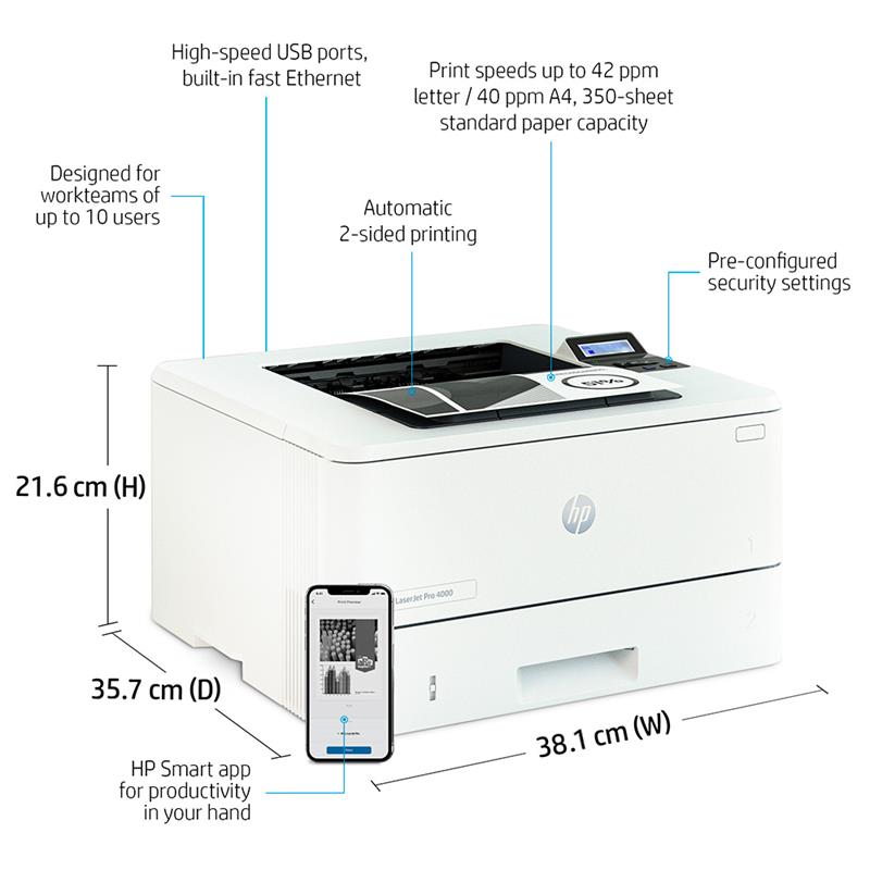 Product image for HP LaserJet Pro 4002dn A4 Mono Laser Printer - Gallery01