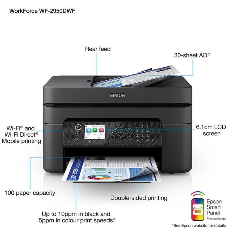 Product image for Epson WorkForce WF-2950DWF A4 Colour Multifunction Inkjet Printer - Gallery04