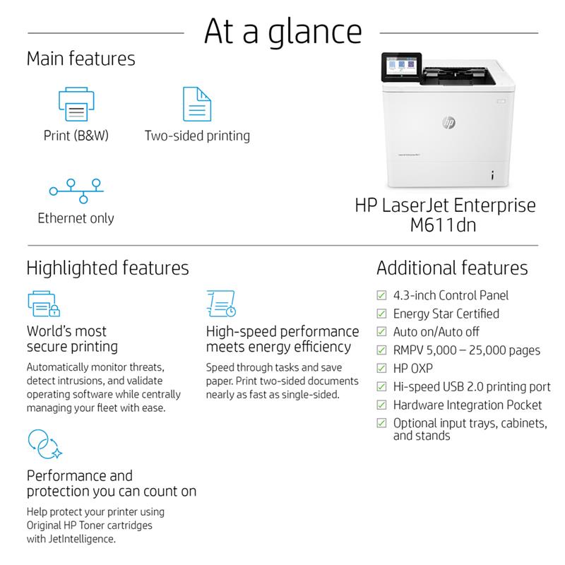 Product image for HP LaserJet Enterprise M611dn A4 Mono Laser Printer - Gallery07
