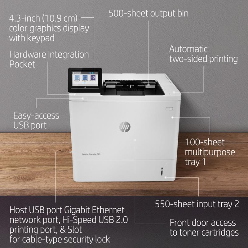 Product image for HP LaserJet Enterprise M611dn A4 Mono Laser Printer - Gallery08