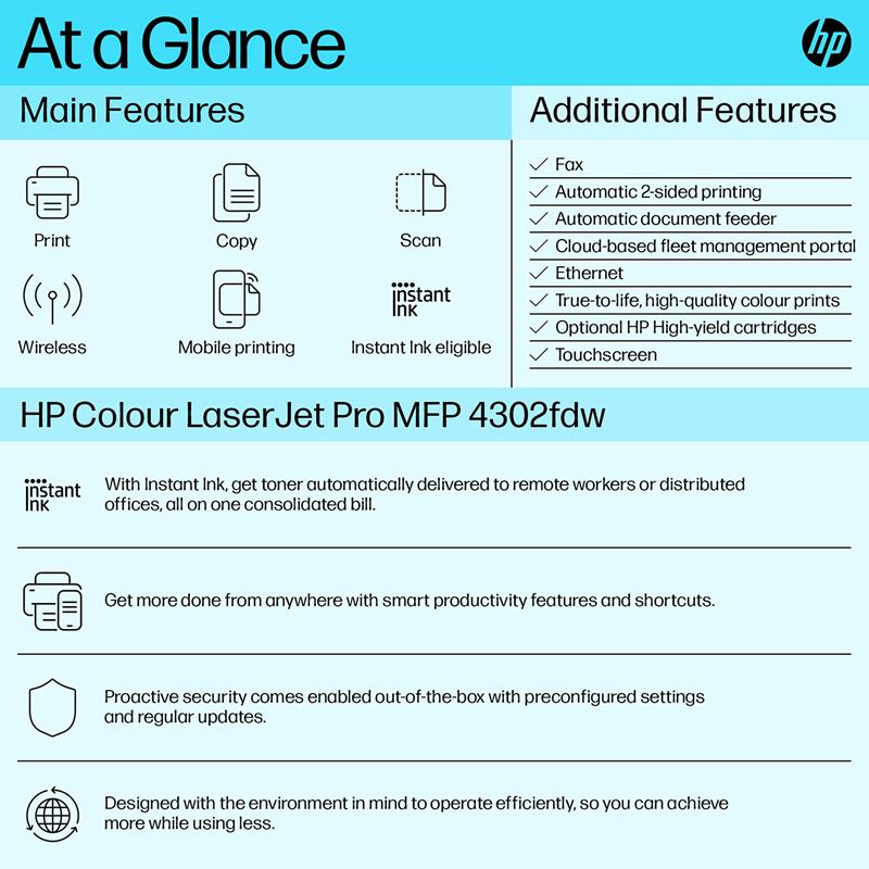 Product image for HP Color LaserJet Pro MFP 4302fdw A4 Colour Multifunction Laser Printer - Gallery08