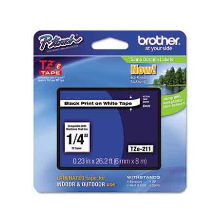 Brother TZe211 Original P-Touch Label Tape - 1/4 x 26 ft (6mm x 8mm) Black on Clear