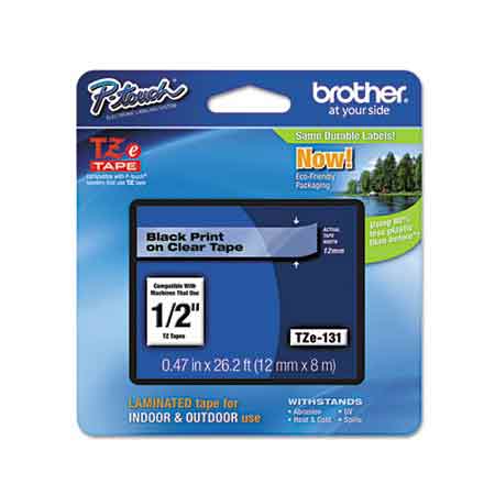 Brother TZe-131 Original P-Touch Label Tape - 1/2 x 26.2 ft (12mm x 8m) Black on Clear