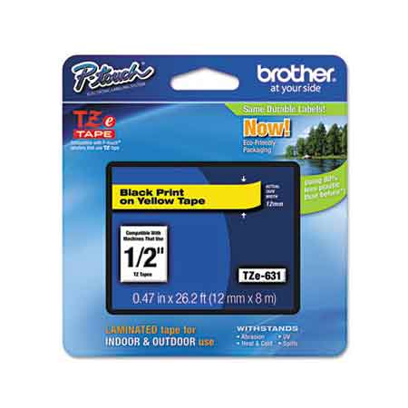 Brother TZe631 Original P-Touch Label Tape - 1/2 x 26.2 ft (12mm x 8m) Black on Yellow