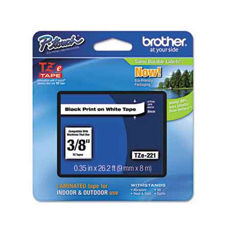 Brother TZe221 Original P-Touch Label Tape - 3/8 x 26 ft (9mm x 8m) Black on White