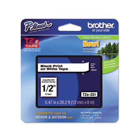 Brother TZe231 Original P-Touch Label Tape - 1/2 x 26 ft (12mm x 8m) Black on White
