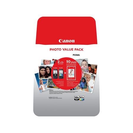 Canon PG-560XL/CL-561XL High Capacity Ink Cartridges + Photo Paper Value Pack - 50 Sheets