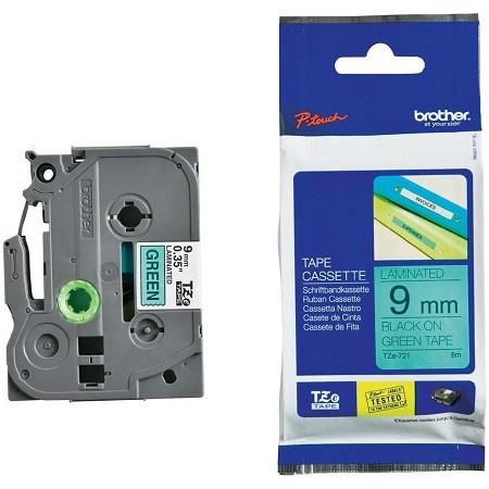 Brother TZe-721 Original P-Touch Label Tape ( 9mm x 8m) Black On Green
