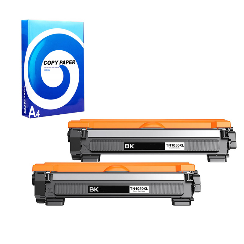 Compatible Twin Pack Brother TN1050XL Black Extra High Capacity Toner Cartridges + Free Paper